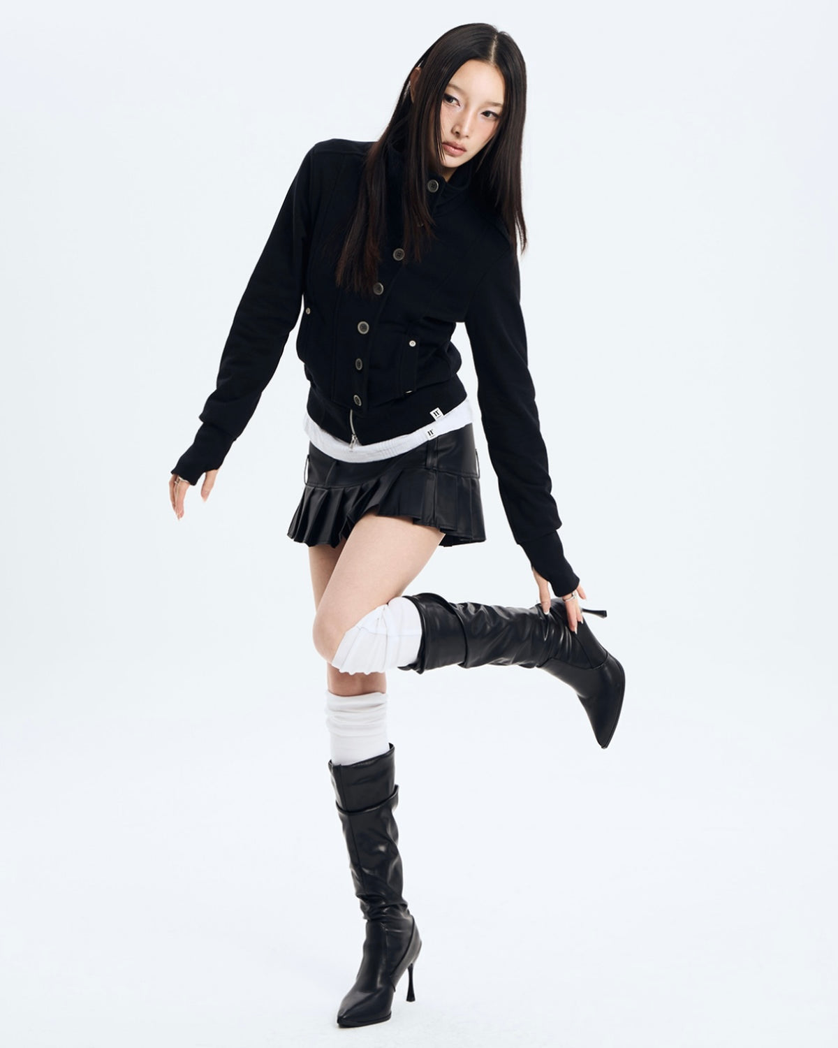 【NOT KNOWING】Button High Neck Zip Up