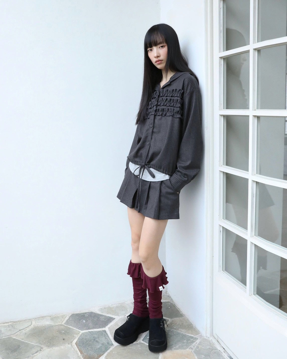 【Uglyshadow】STRIPE RUFFLE HOODED SHIRT