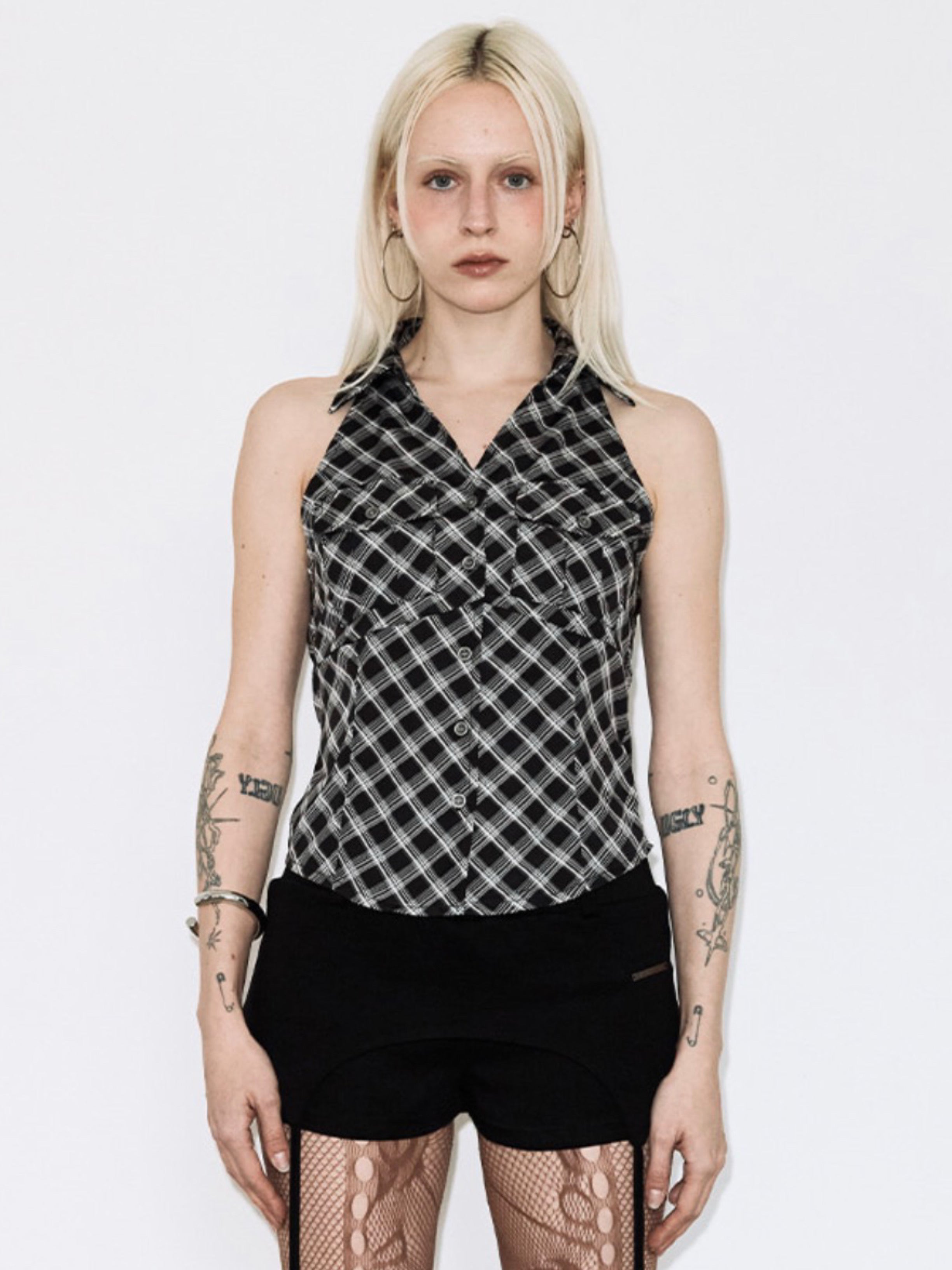 【FANCY CLUB】POCKET CHECK HALTERNECK TOP