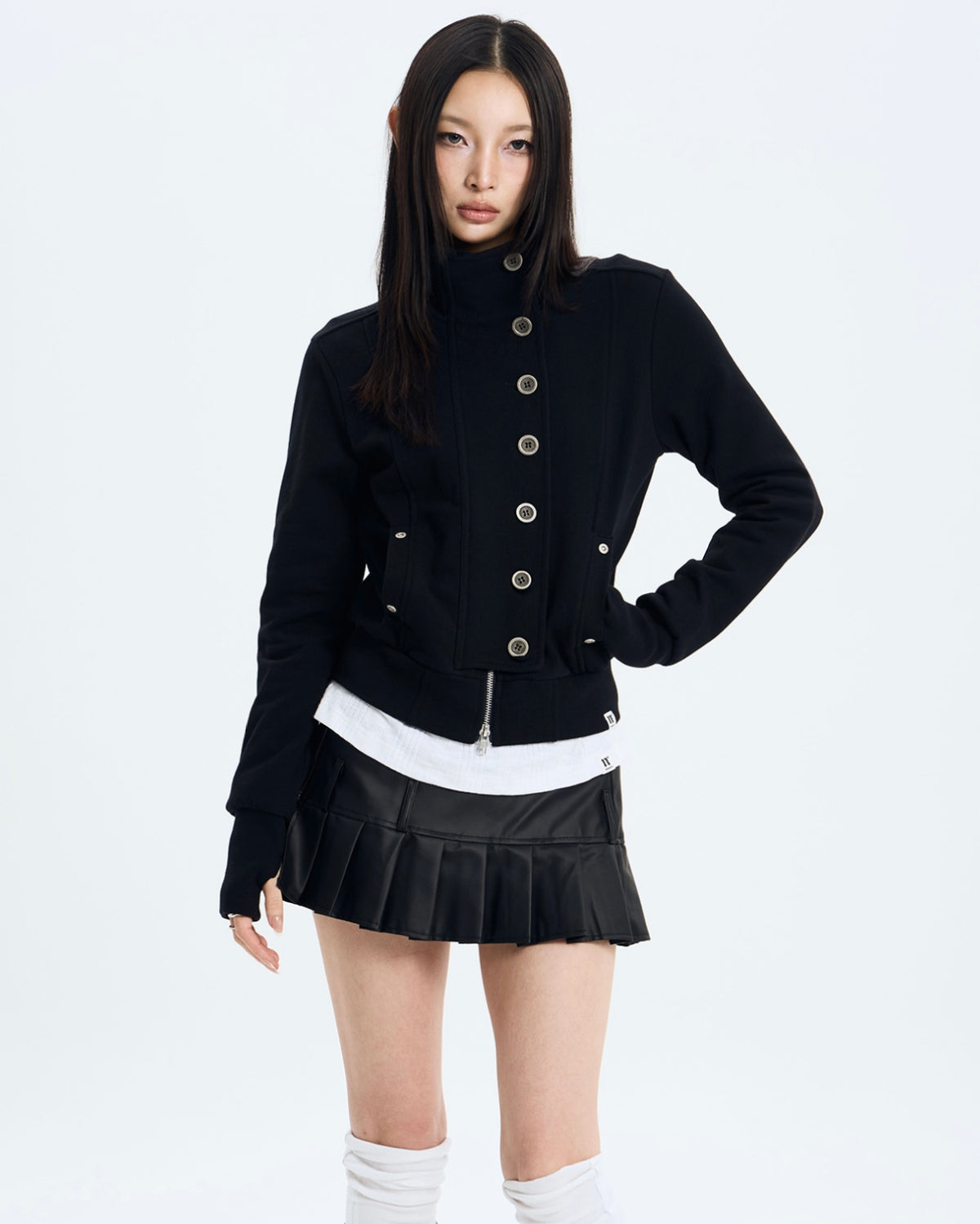 【NOT KNOWING】Button High Neck Zip Up
