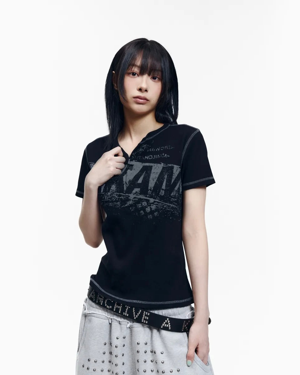 【AAKAM】Tread Henry Neck Half Top