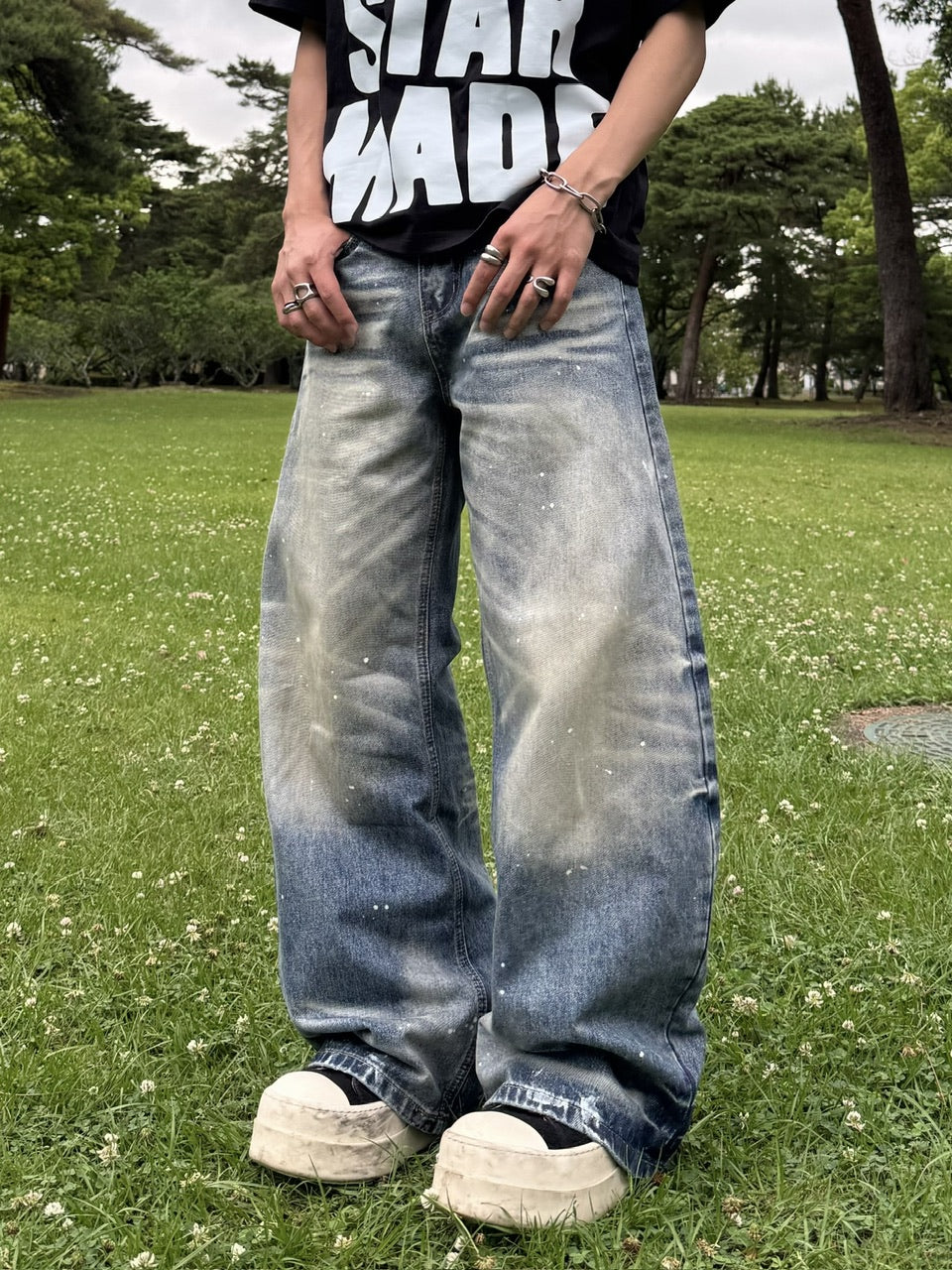 国際配送【RENOL】paint splatter wide denim pants