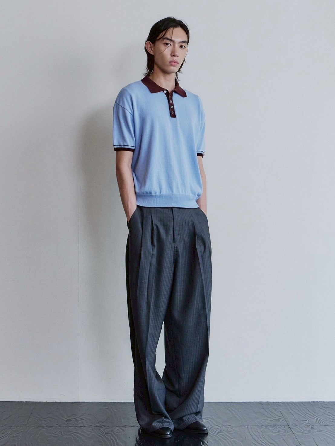 【Waviness】Accent Collar Polo Knit