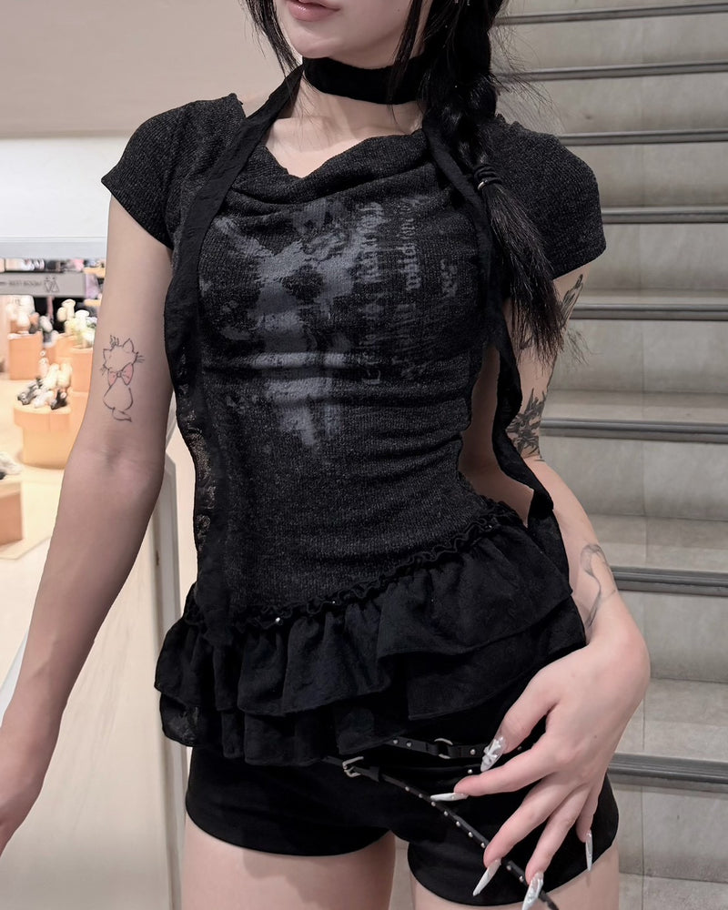 受注制【nmtc+】Drape Neck Frill Tee Scarf Set (3color)