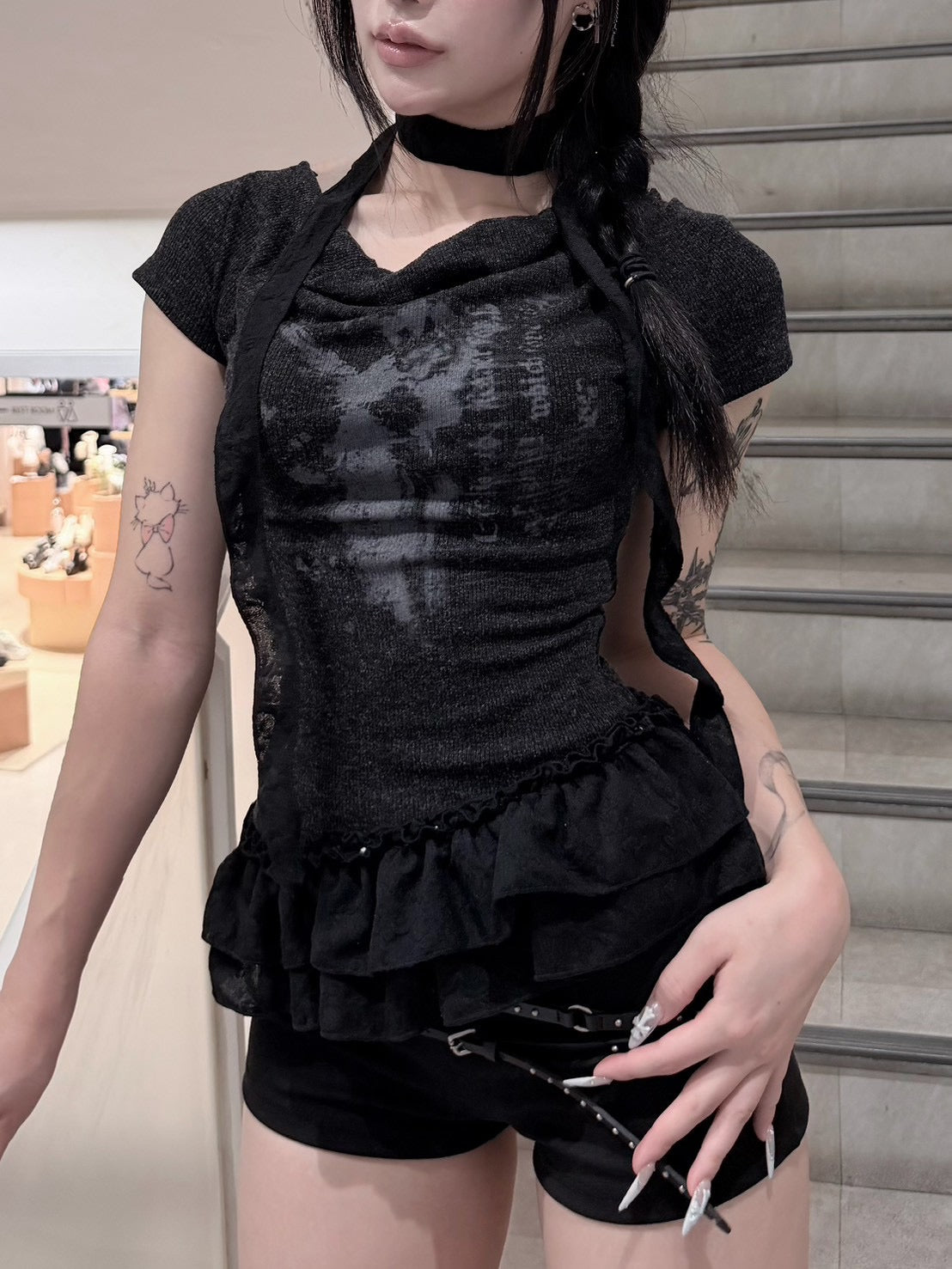 【nmtc+】Drape Neck Frill Tee Scarf Set (3color)