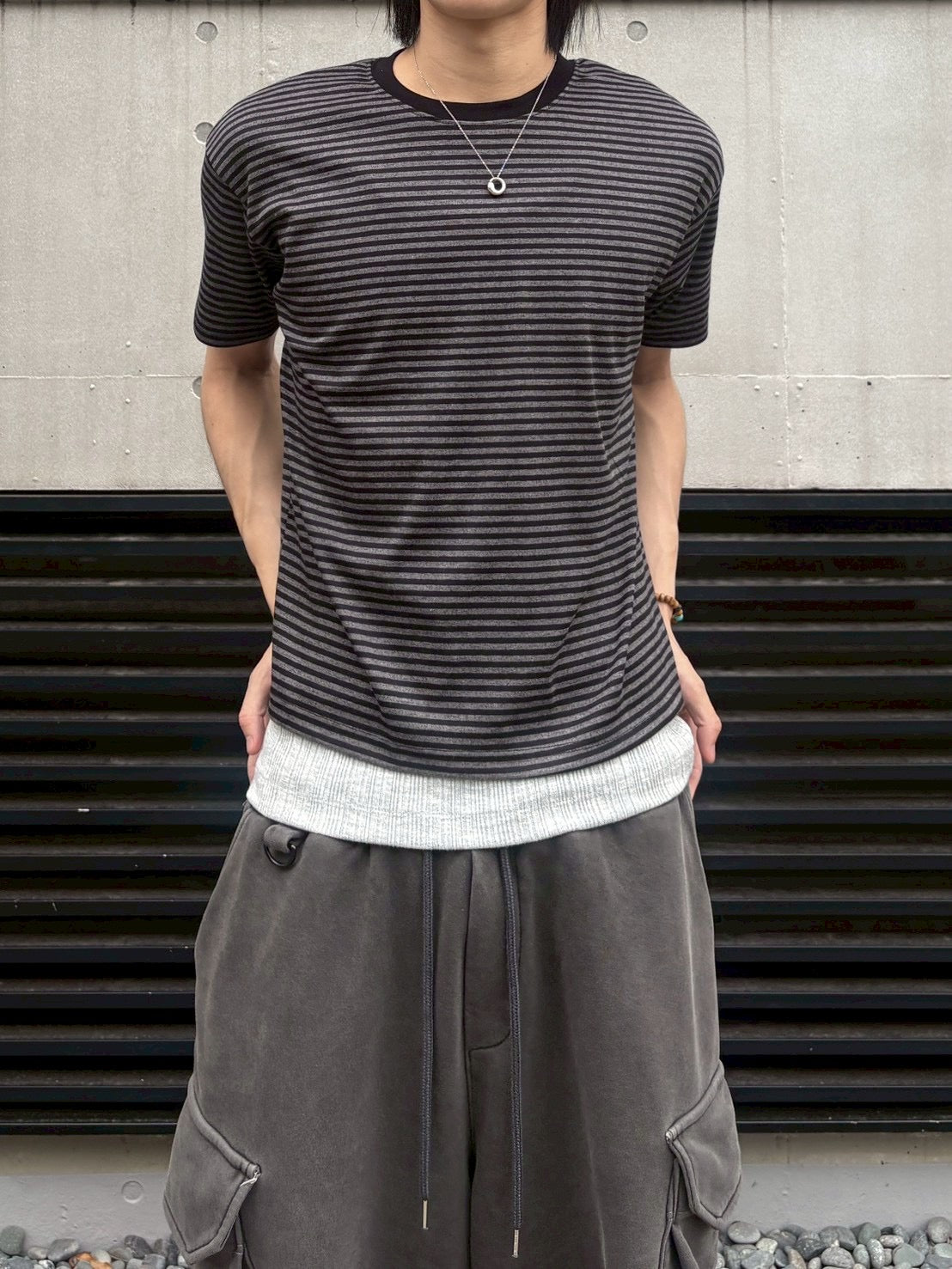 7/4 20:00発売 受注制【nmtc +】Stripe Contrast Semi Crop Tee (2color)