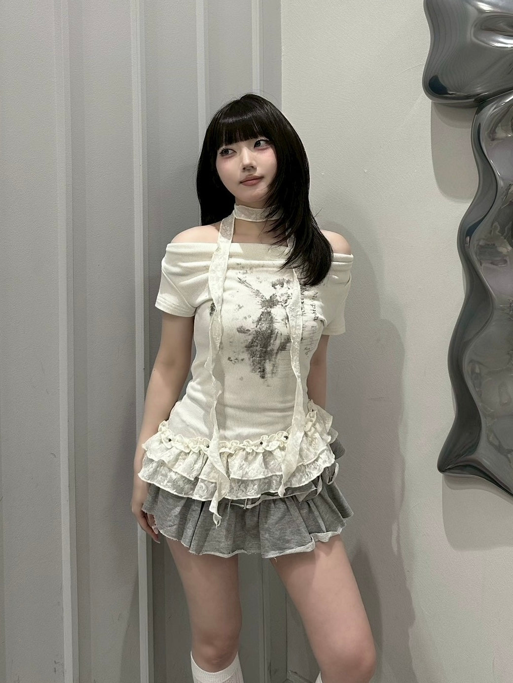 受注制【nmtc+】Drape Neck Frill Tee Scarf Set (3color)
