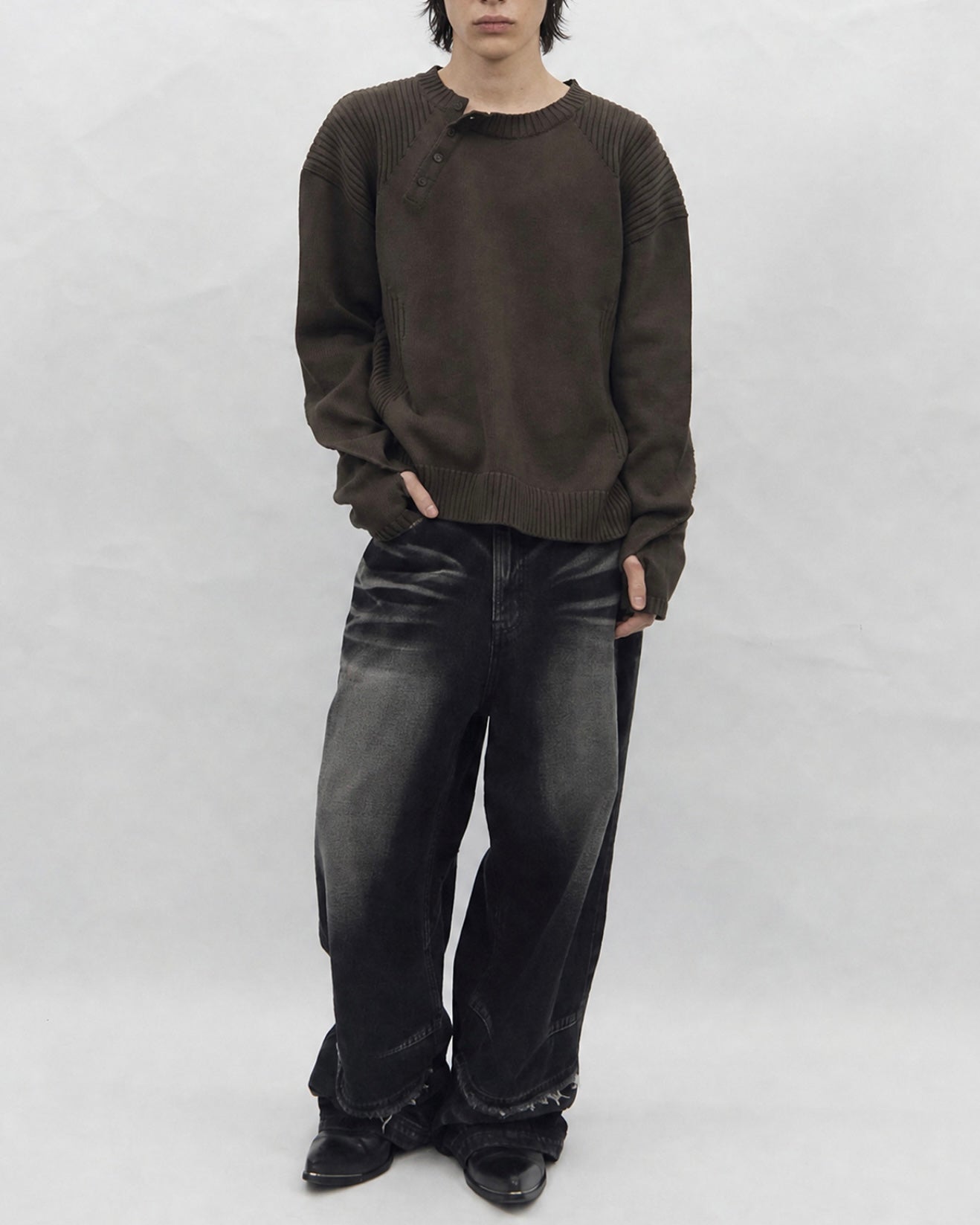 【BLR BLUER】Faded Vintage Henley Knit Sweater