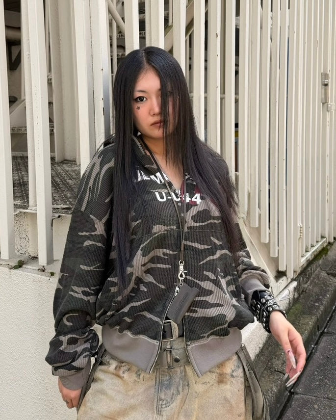 受注制【Never mind the XU】MILITARY CAMO THERMAL ZIP HOODIE (2color)