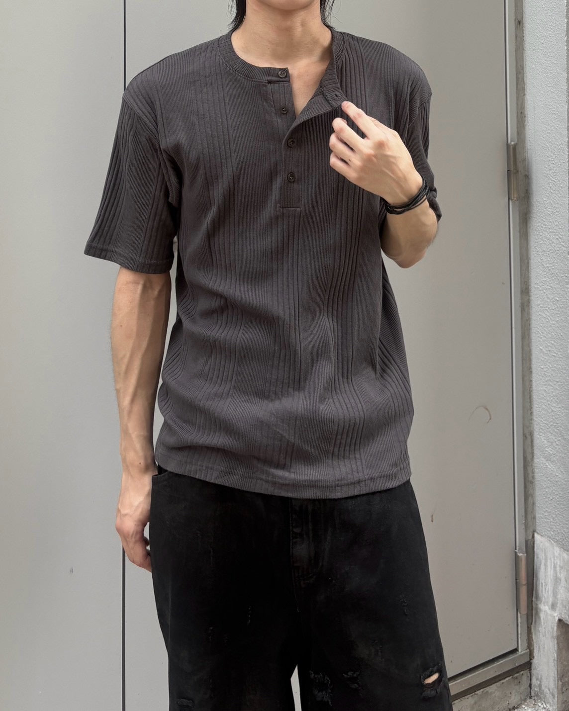 受注制【nmtc+】Ribbed Henley Neck Tee (3color)
