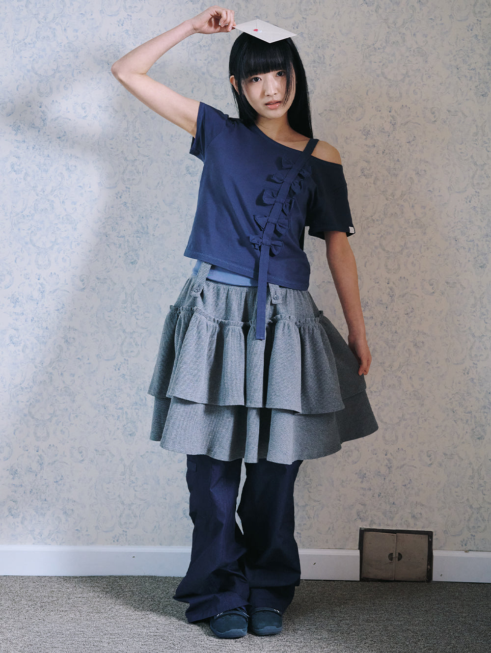 6/8 21:00発売【TUOMIO】RIBBON OFF SHOULDER T-SHIRT