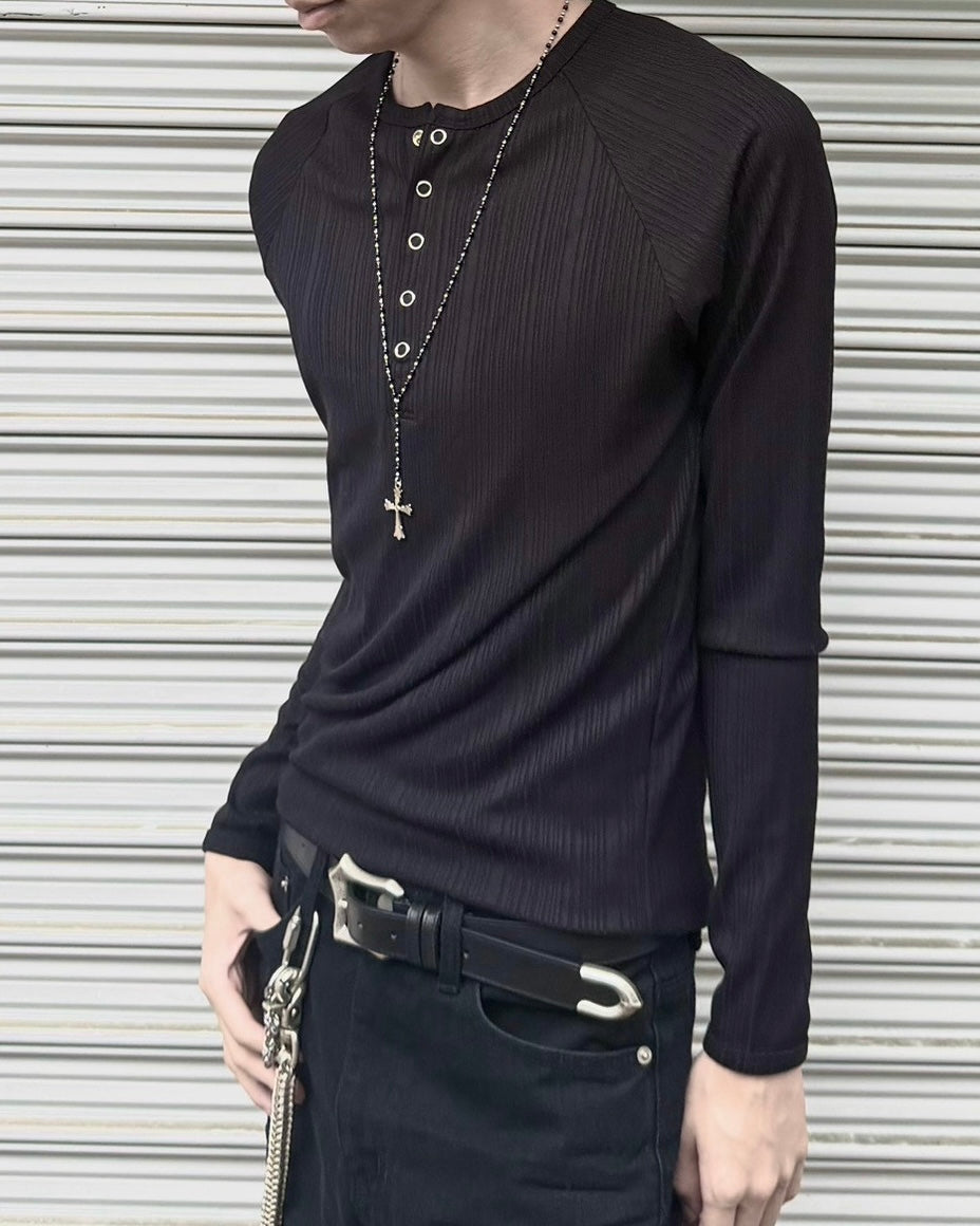 受注制【nmtc+】Snap henley neck ribbed slim top (4color)