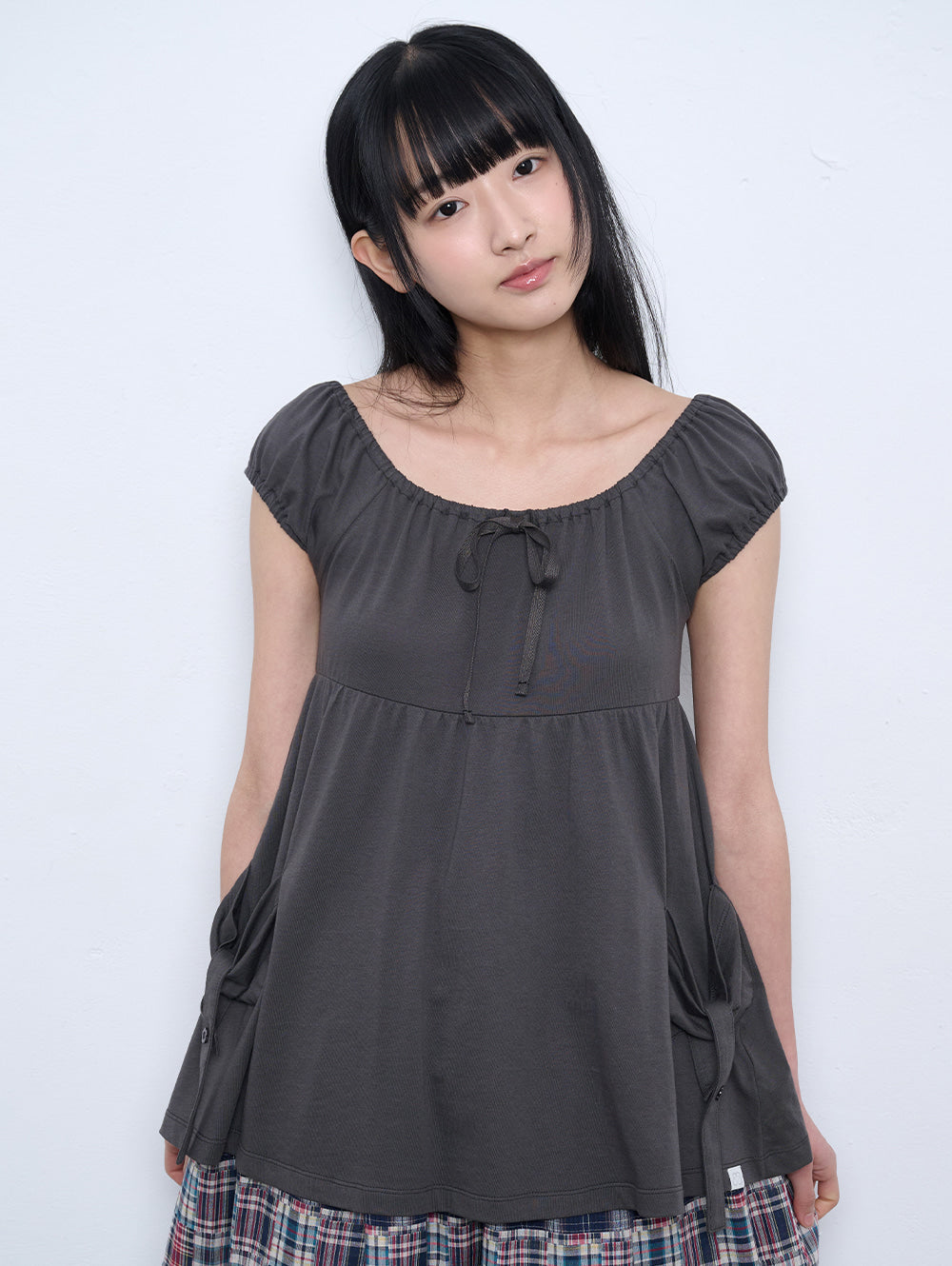 【TUOMIO】SHIRRED POCKET TOP