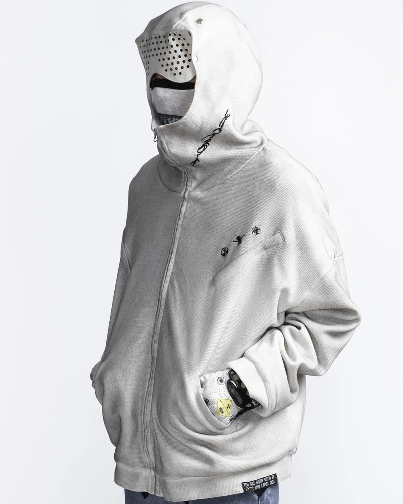 【F.V.V.O】Waffle Embroidered Mask Oversized Zip Hoodie