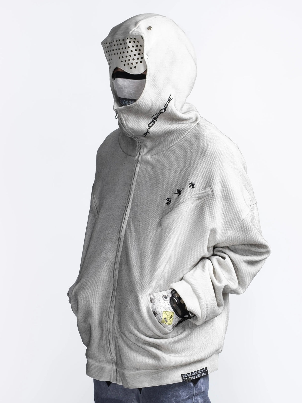 【F.V.V.O】Waffle Embroidered Mask Oversized Zip Hoodie