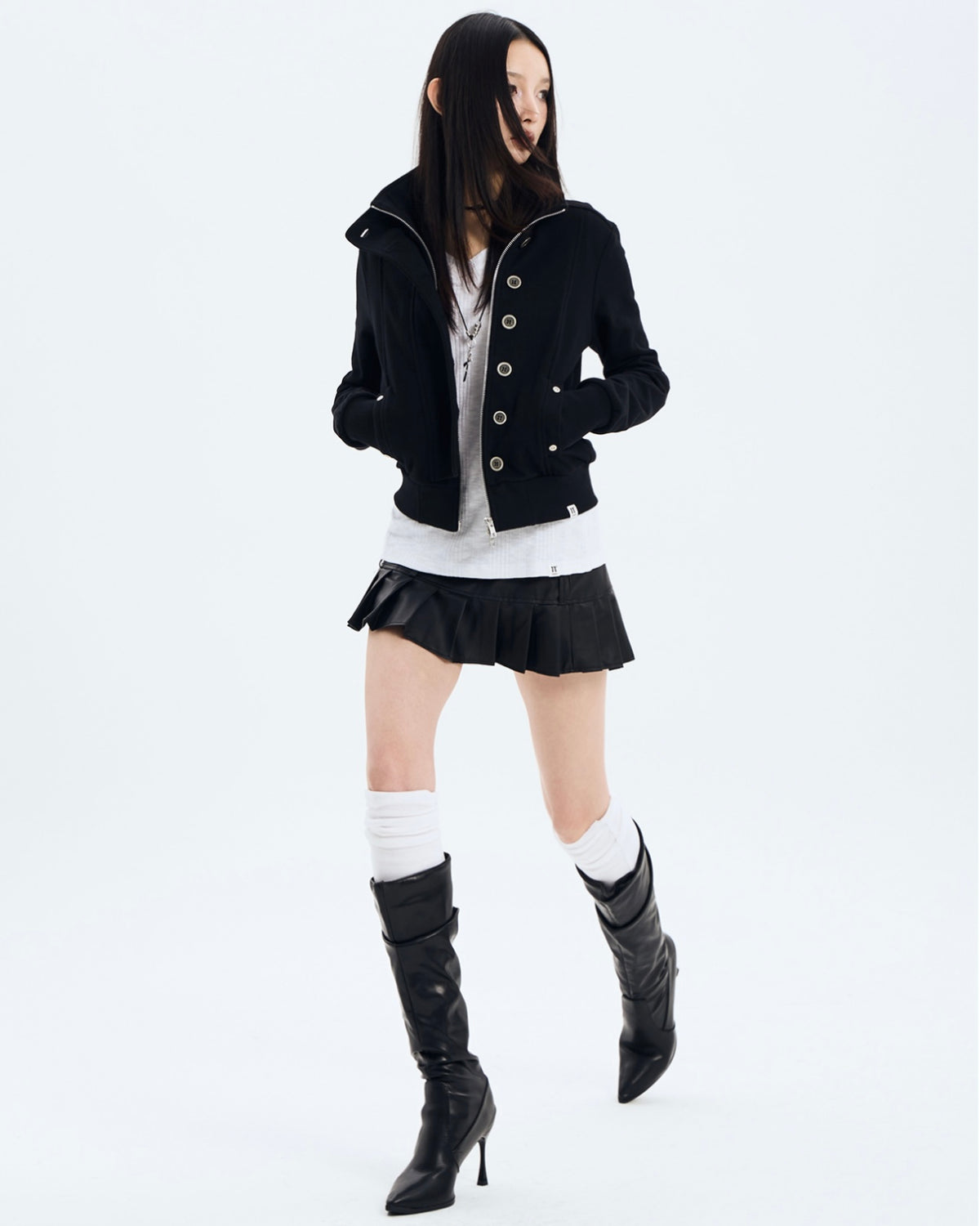 【NOT KNOWING】Button High Neck Zip Up