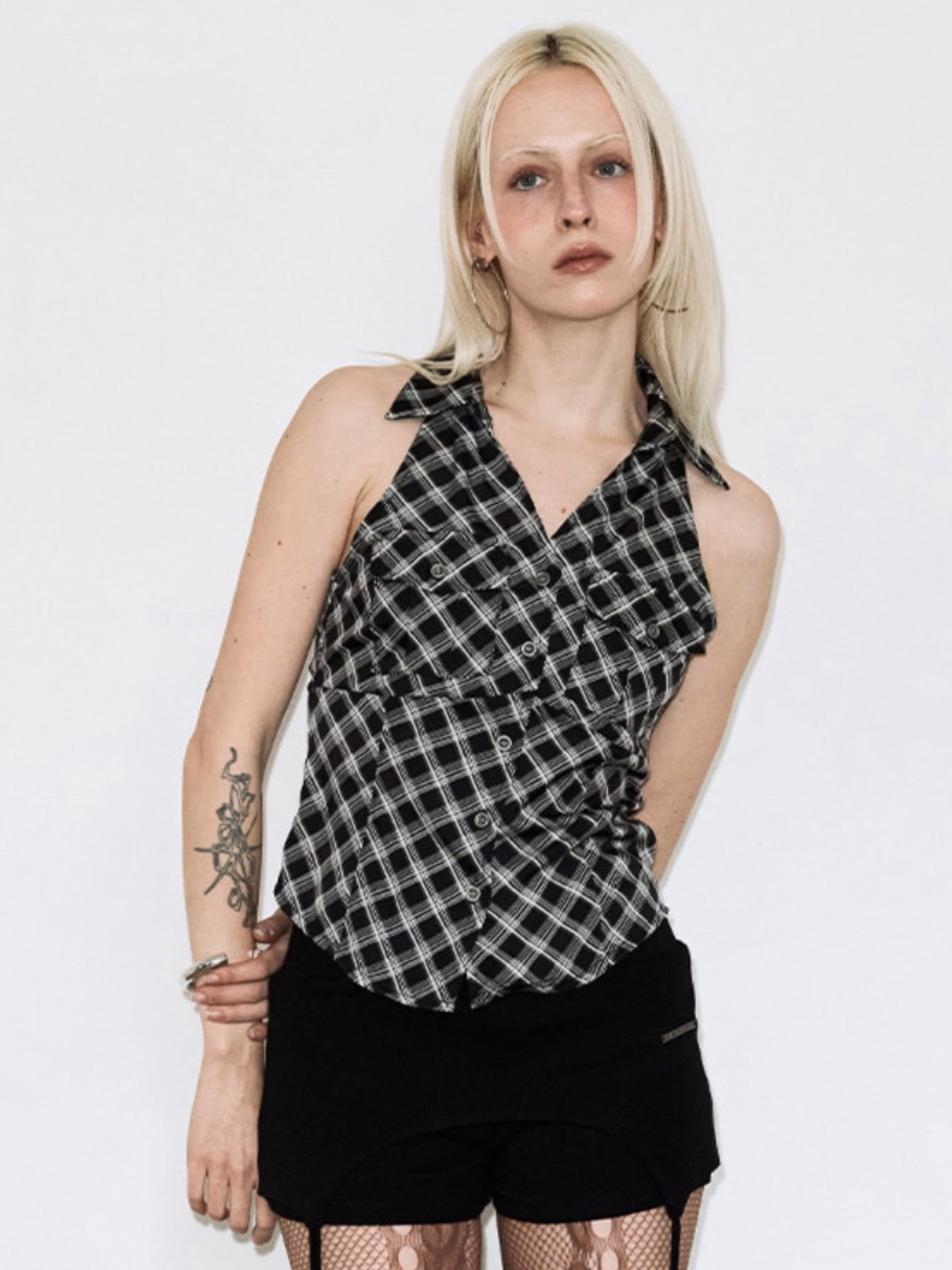 【FANCY CLUB】POCKET CHECK HALTERNECK TOP