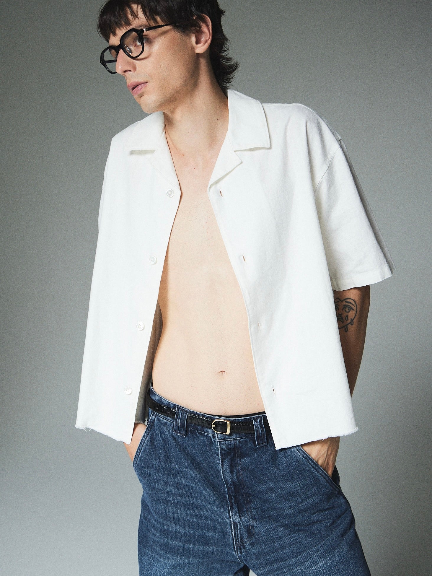 【CS】cut off linen open collar shirt