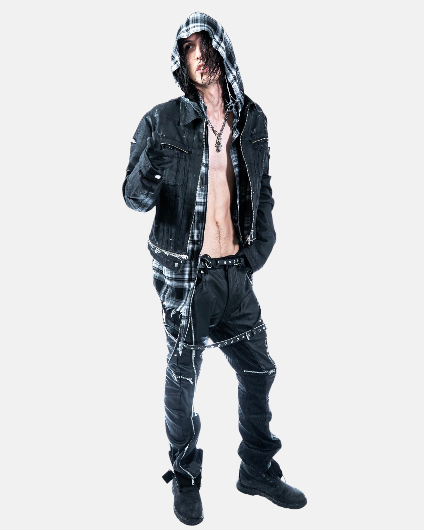 【LOIN ARMIS】Cross zip layer mesh coating jeans