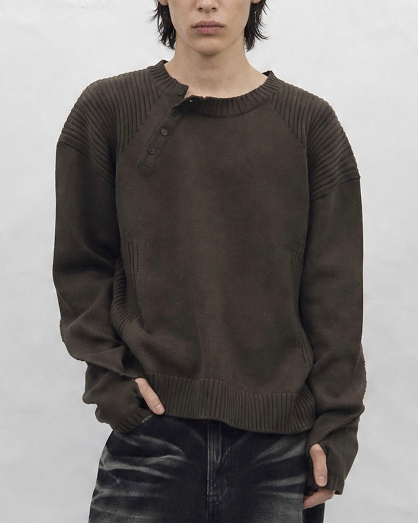 【BLR BLUER】Faded Vintage Henley Knit Sweater