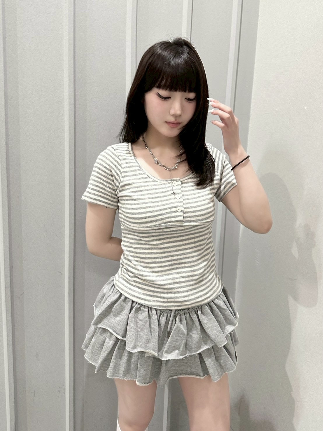7/4 20:00発売 受注制【nmtc+】Stripe U-Neck Button Tee (2color)