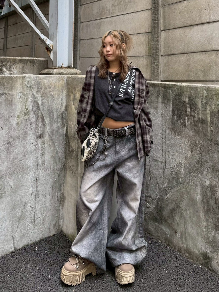 国際配送【Never mind the XU】3D print curve denim pants