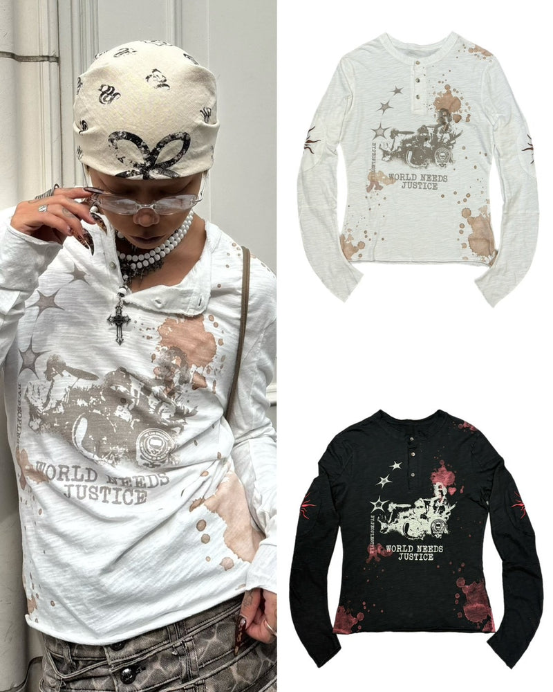 国際配送【Never mind the XU】paint graphic henley long sleeve