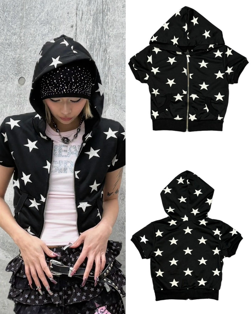 国際配送【Never mind the XU】star short sleeve zip-up hoodie