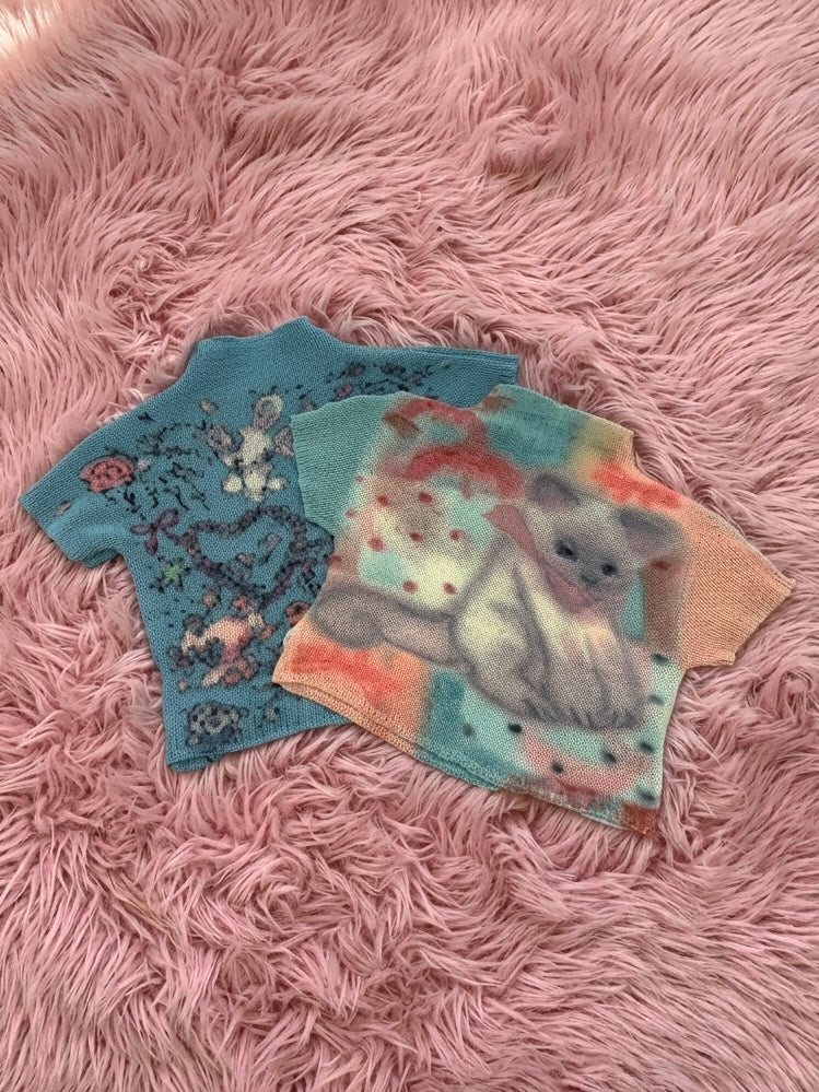 国際配送【Never mind the XU】popcorn shirring baby tee cat