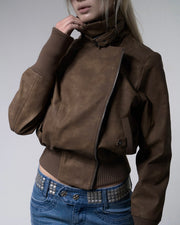 【FANCY CLUB】HIGH-NECK RIBBED LEATHER JACKET