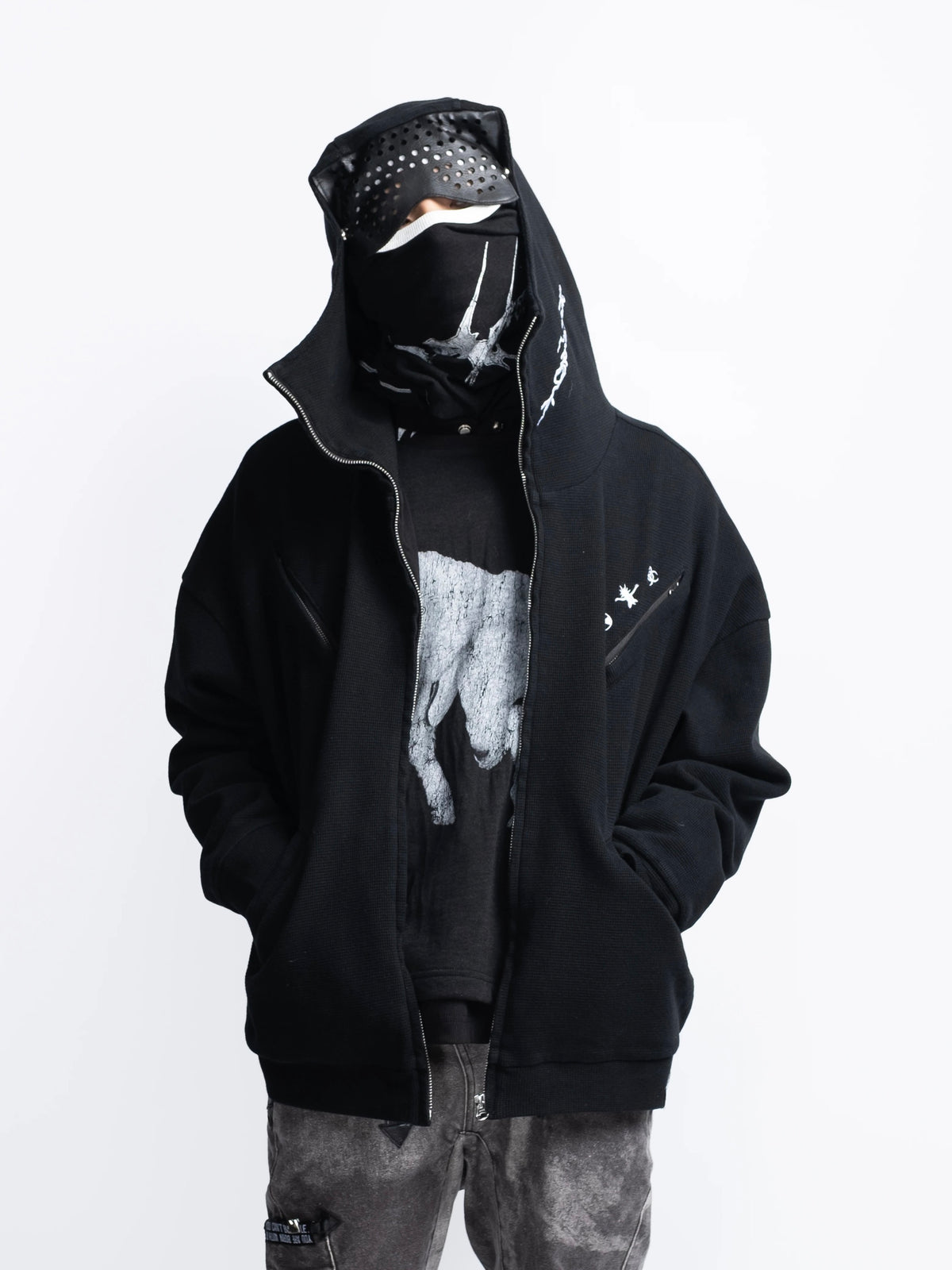 【F.V.V.O】Waffle Embroidered Mask Oversized Zip Hoodie