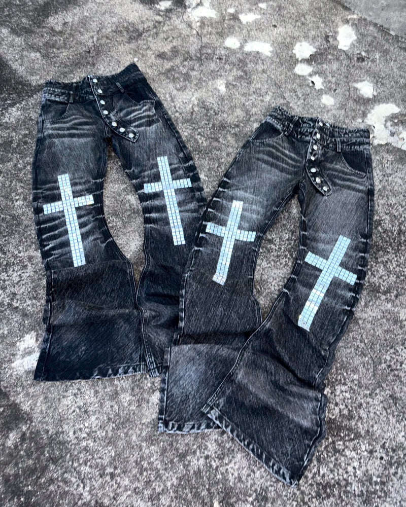 国際配送【BABY09】cross studs flare denim pants