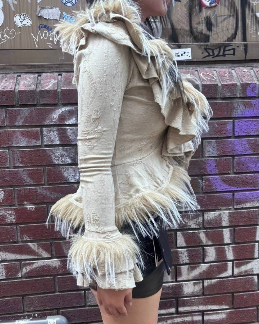 【BABY09】fur damage frill cardigan
