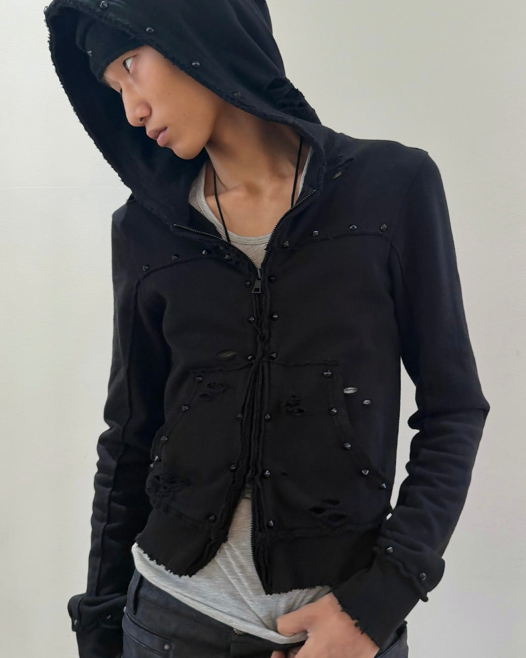 【LECYTO】Destroyed Spike Zip-Up Hoodie