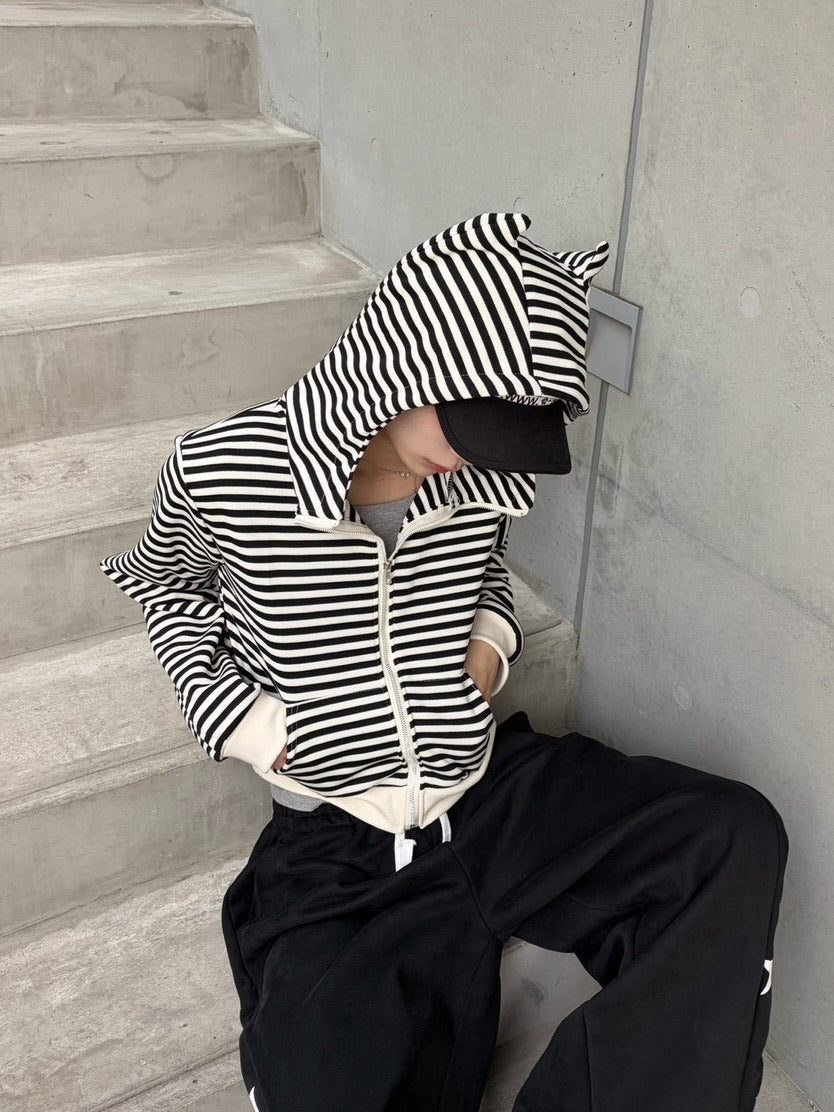 国際配送【LUV CODE】stripe cropped zip up hoodie