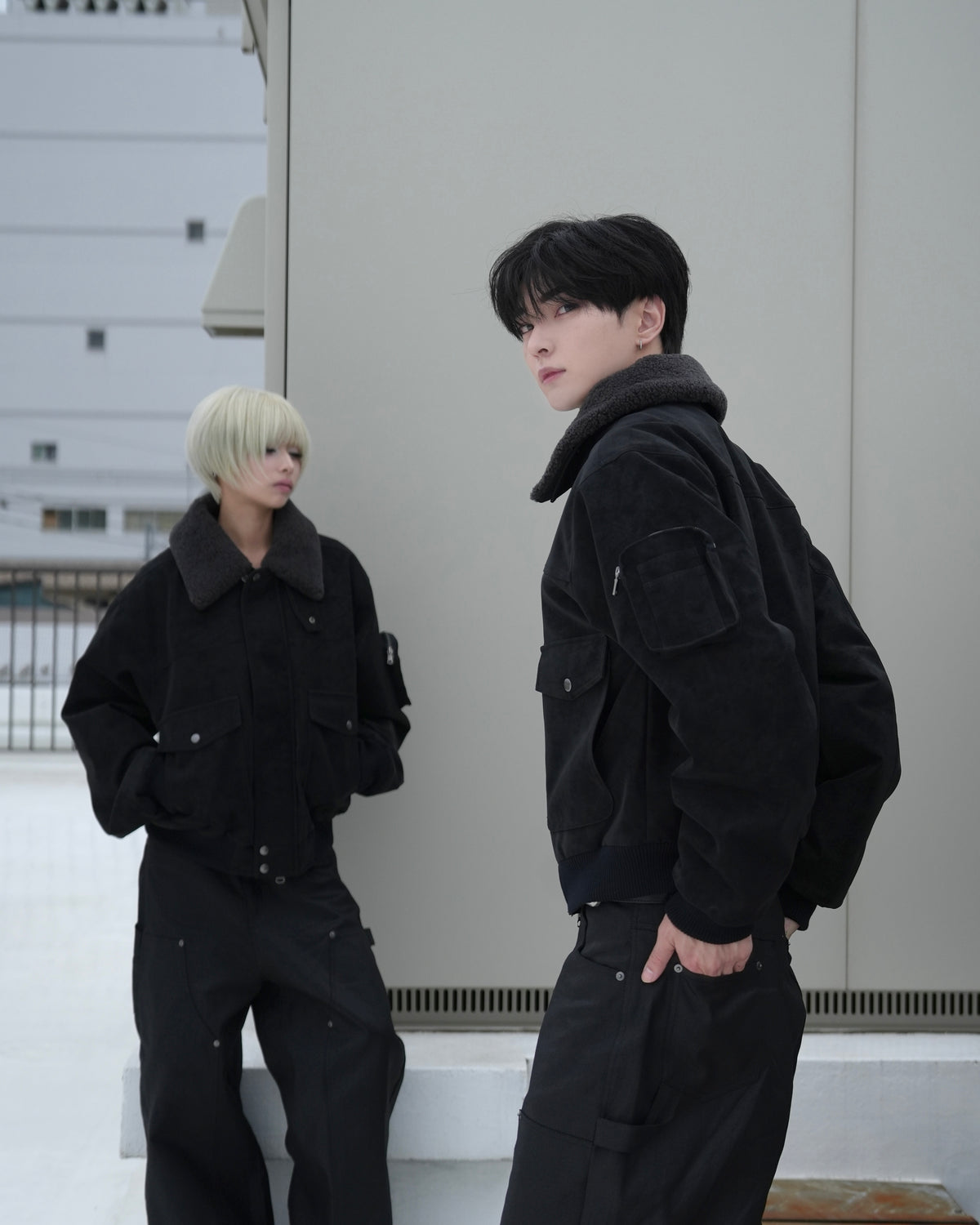 【CHIKASHITSU PLUS HIGH】Boa collar faux leather flight jacket