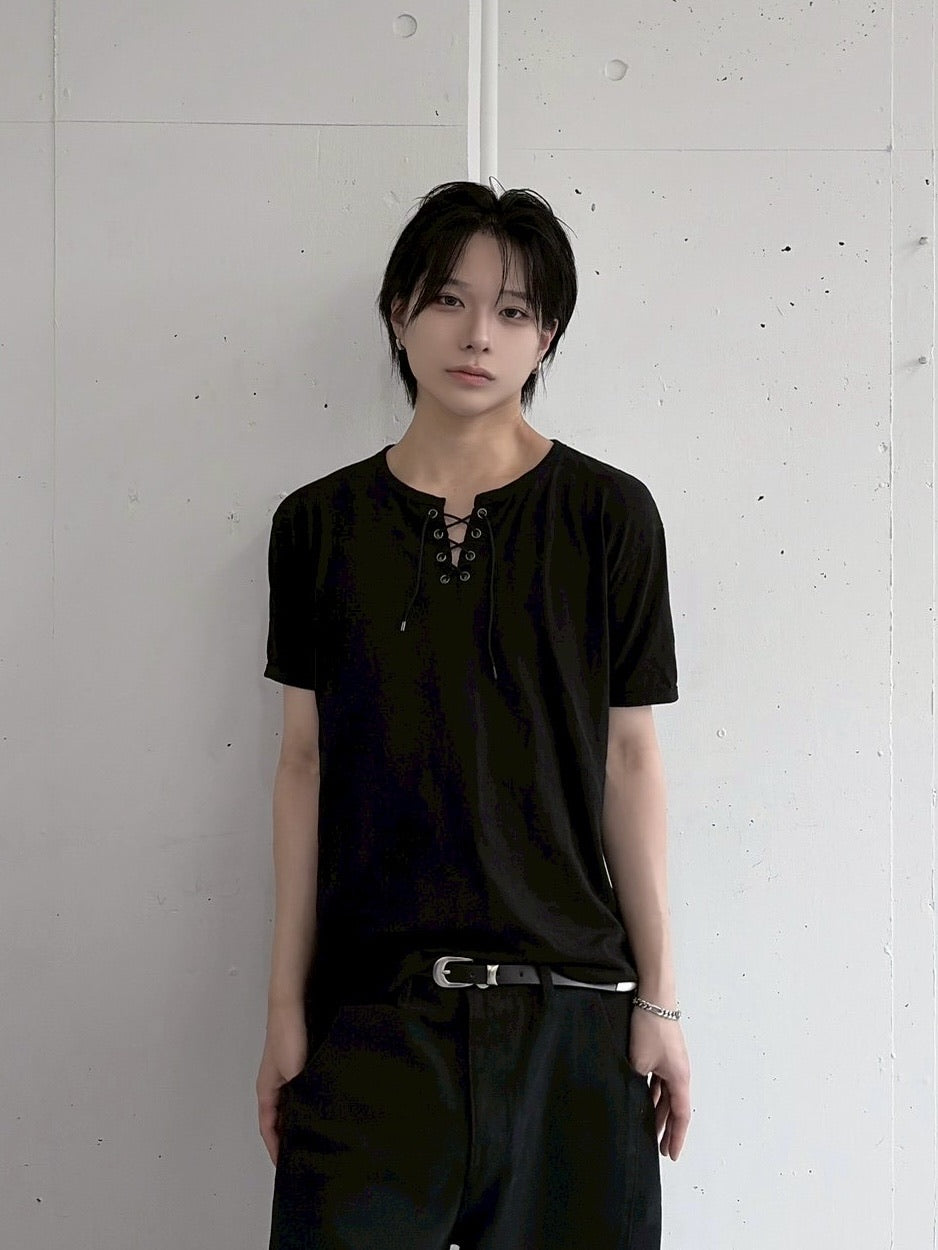受注制【LUV CODE】lace up neck tee (4color)