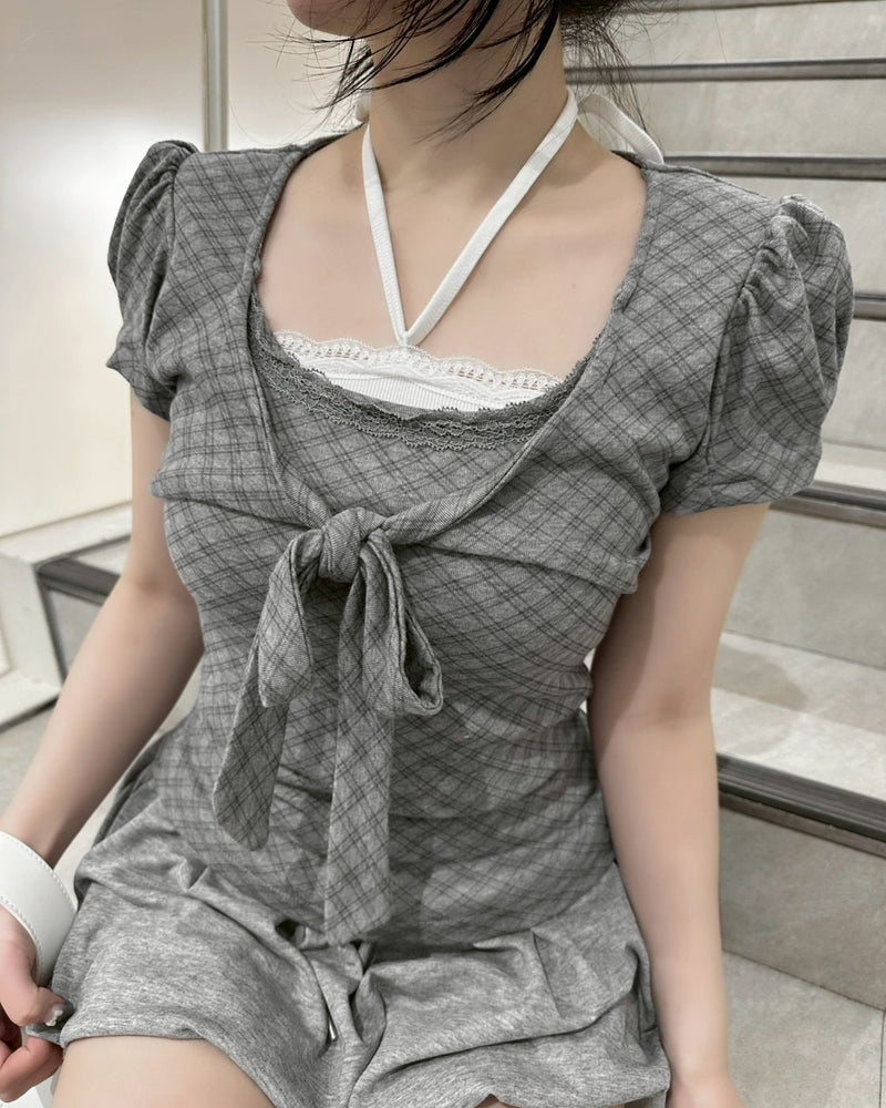 受注制【nmtc+】French Ribbon Check Top (2color)