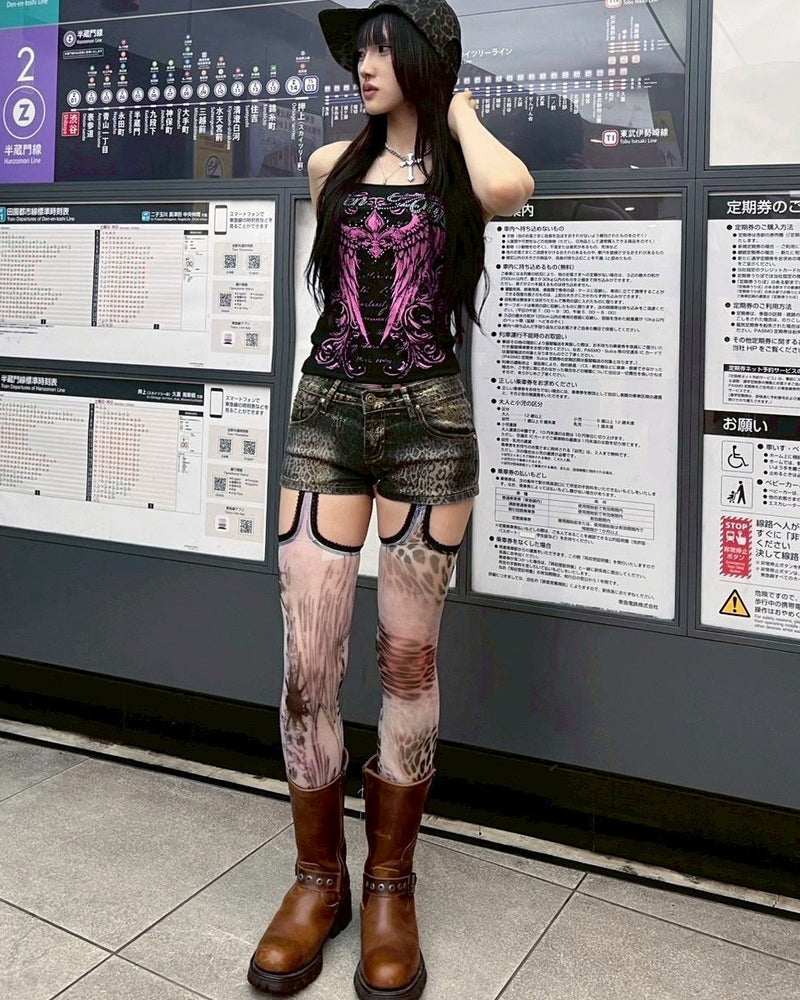 国際配送【BABY09】leopard back zip denim shorts