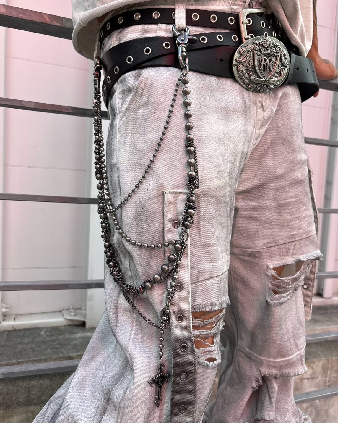 【Never mind the XU】destroyed damage strap denim pants