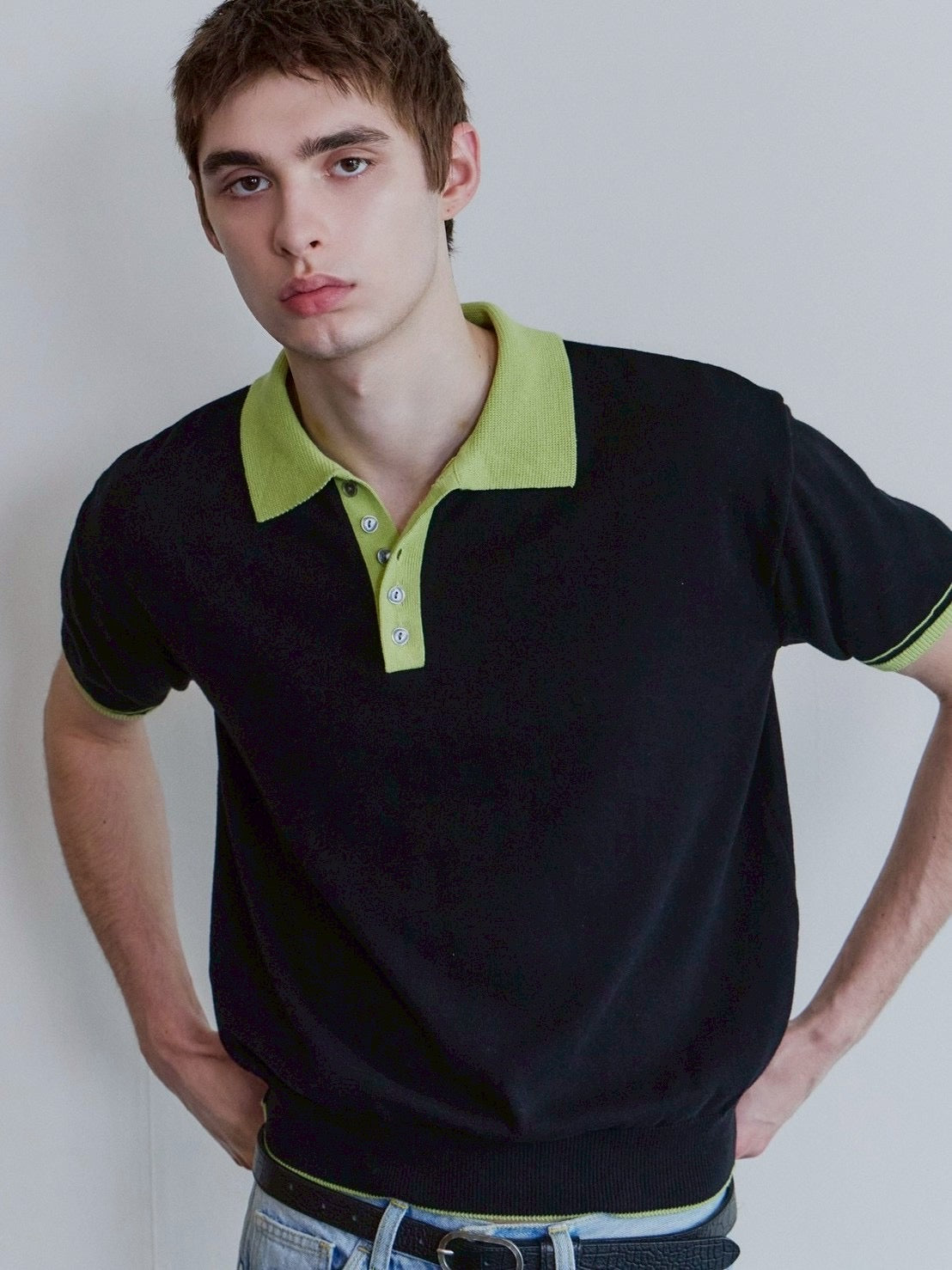 【Waviness】Accent Collar Polo Knit