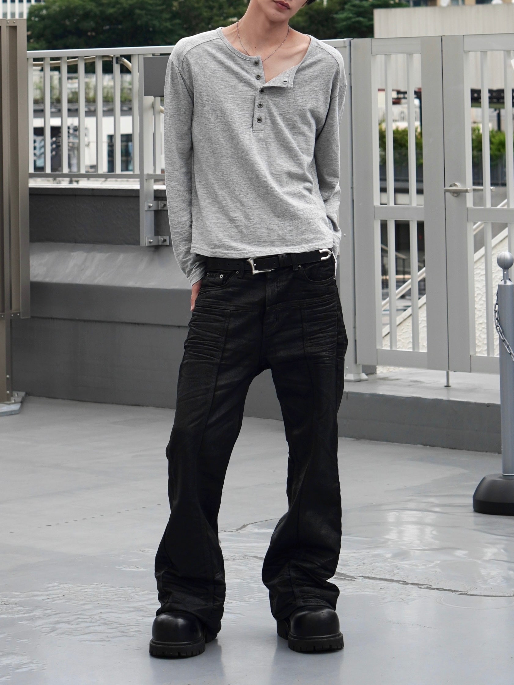 【CHIKASHITSU PLUS HIGH】Steel button henley neck tee (3color)