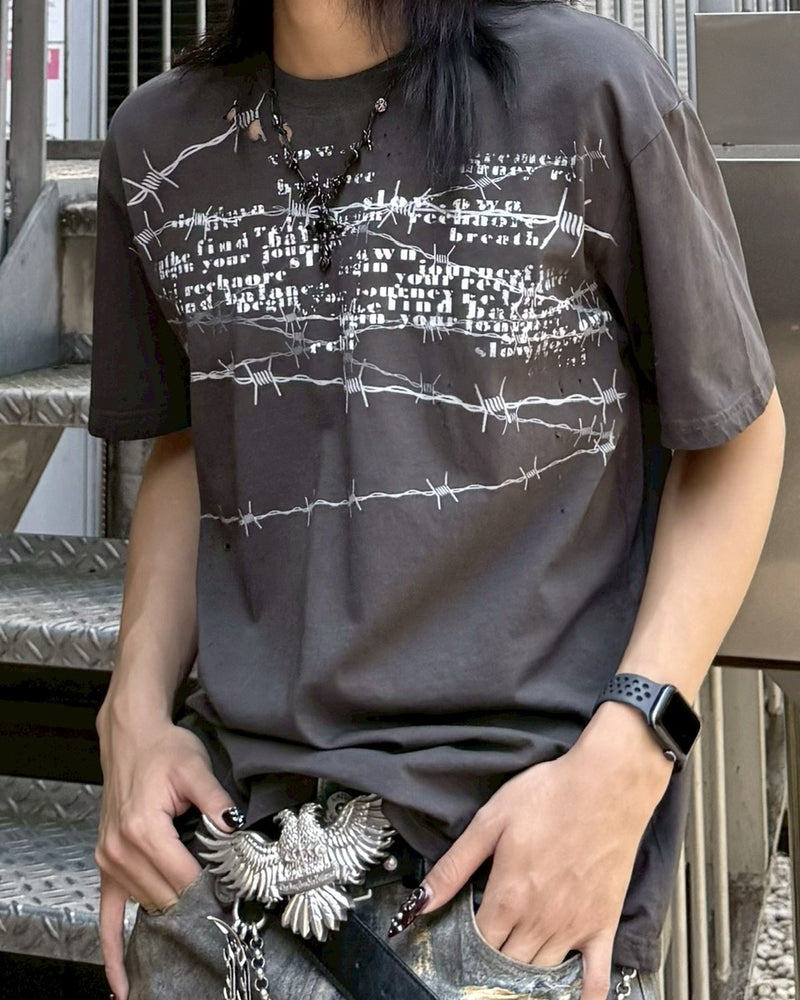 国際配送【Never mind the XU】barbed wire destroyed T-shirts