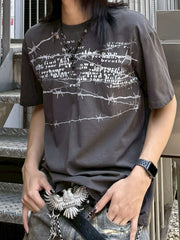 国際配送【Never mind the XU】barbed wire destroyed T-shirts