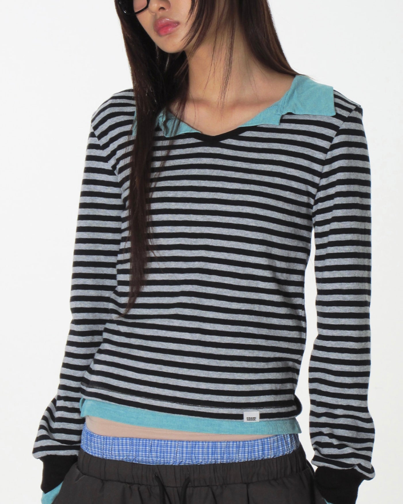 【CRANK】COZY STRIPE V-NECK TOP