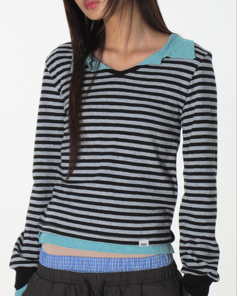 【CRANK】COZY STRIPE V-NECK TOP