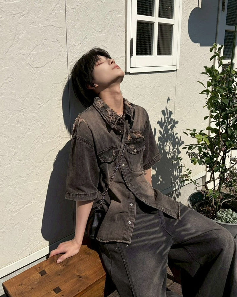受注制【LUV CODE】damage denim shirt