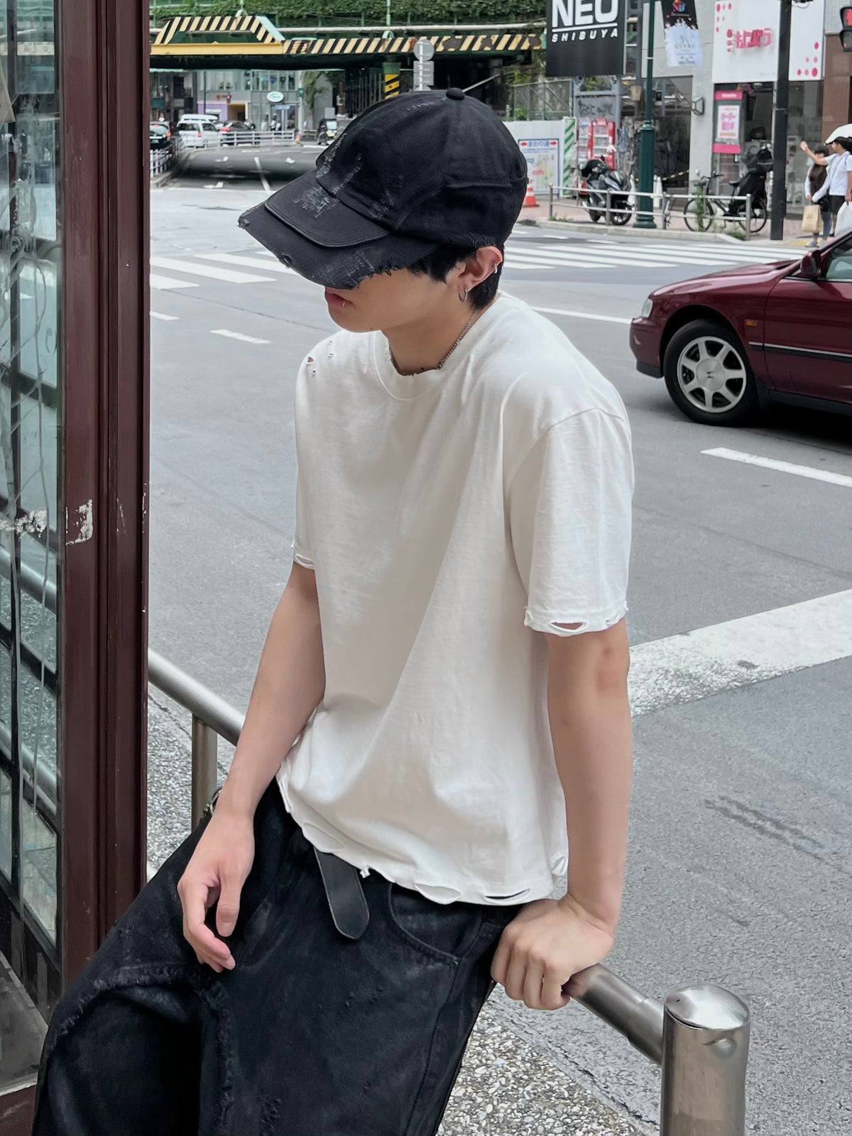 大阪店WEB限定受注制【Chikashitsu +】grunge damage crop t-shirt (3color)