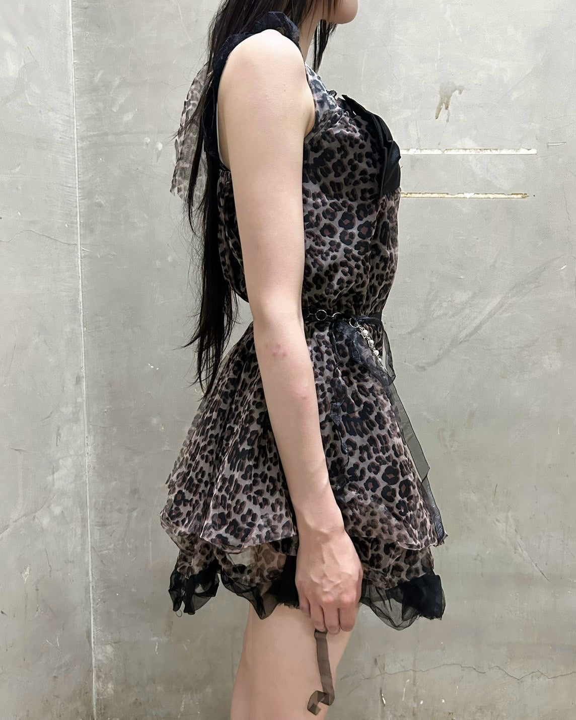 国際配送【BABY09】leopard ribbon tulle dress