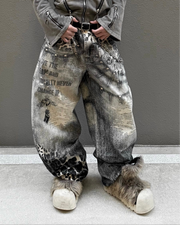 国際配送【Never mind the XU】Leopard graphic washed denim pants